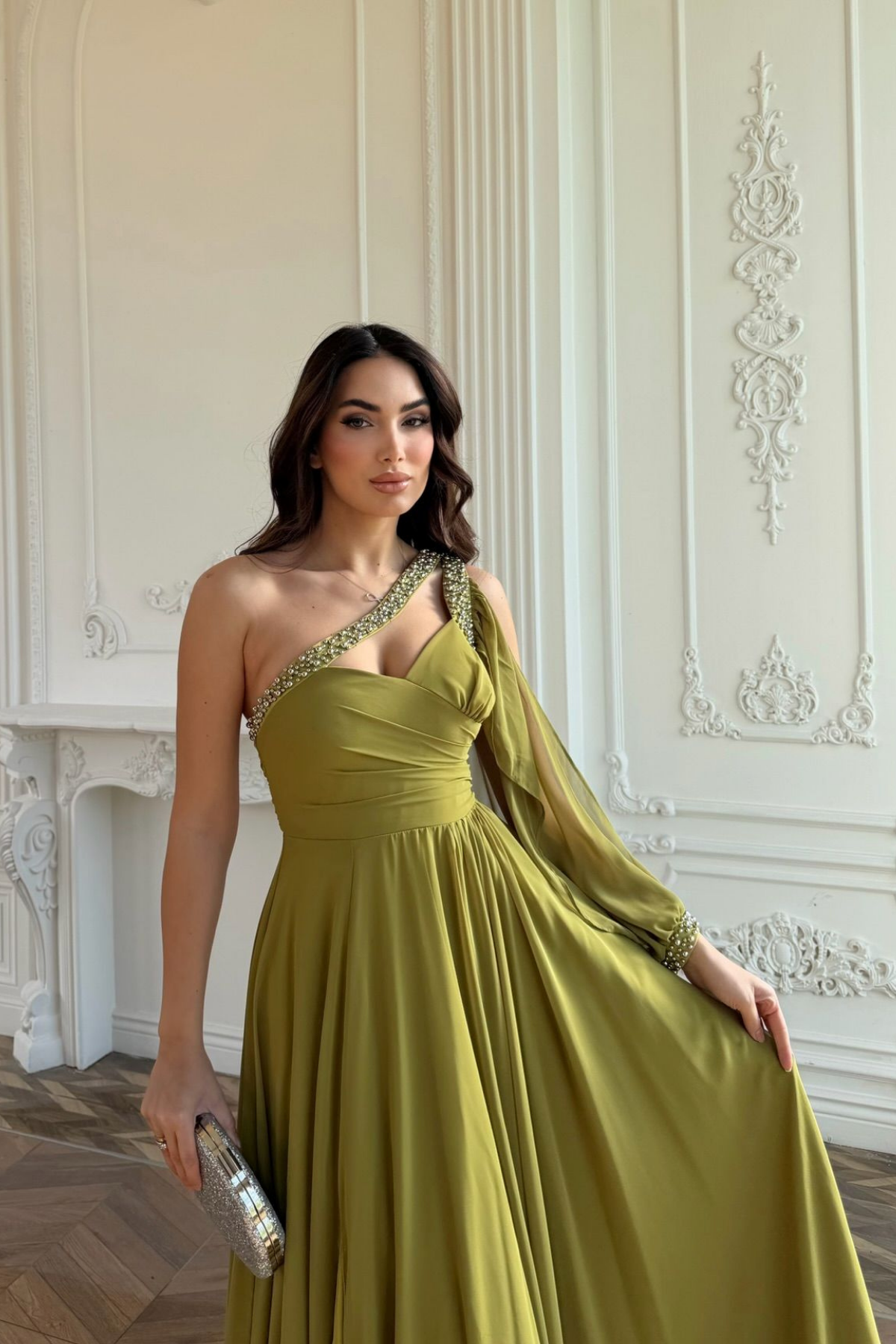 Ayperi Boncuk İşleme Detay Yırtmaçlı Abiye 9368 YAĞ YEŞİLİ