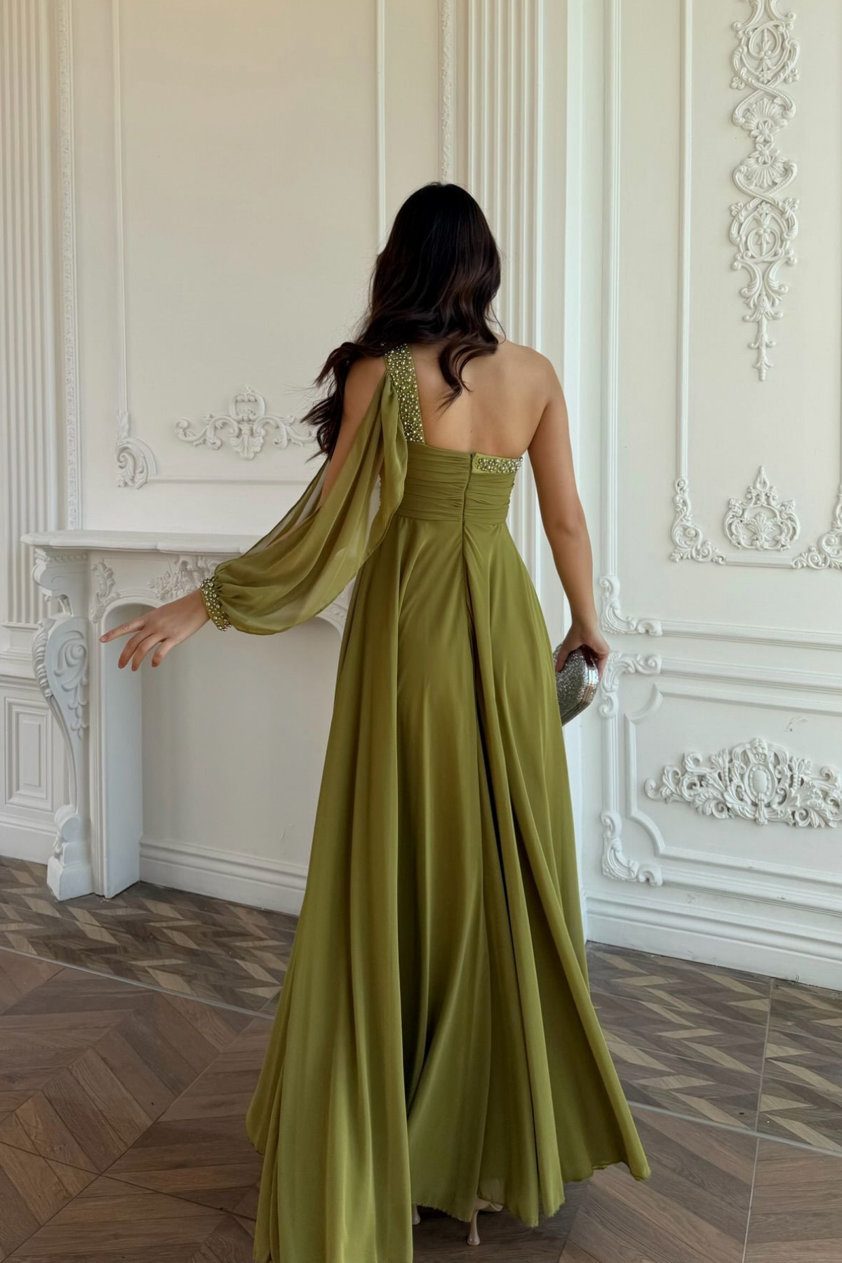 Ayperi Boncuk İşleme Detay Yırtmaçlı Abiye 9368 YAĞ YEŞİLİ