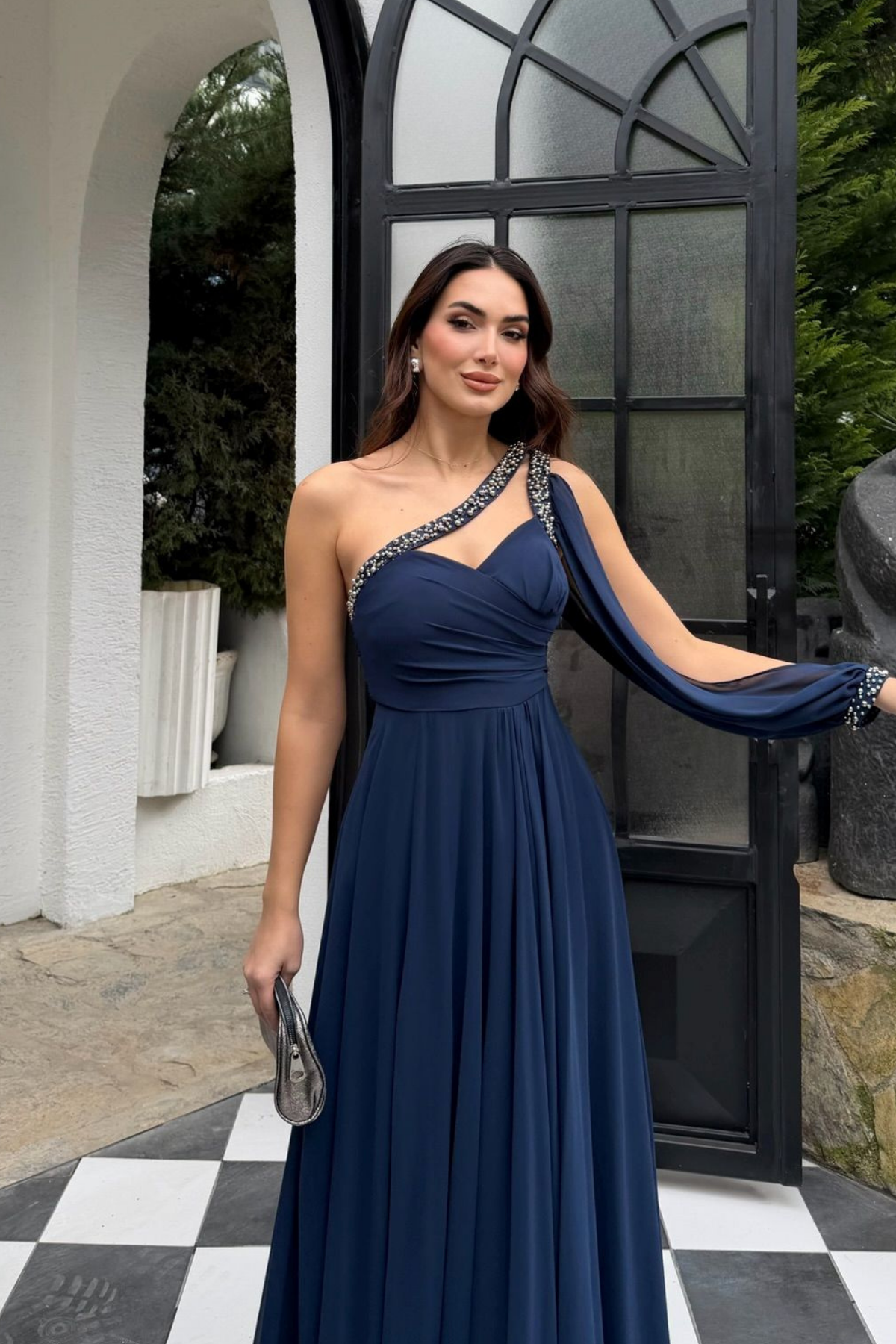 Ayperi Boncuk İşleme Detay Yırtmaçlı Abiye 9368 LACİVERT
