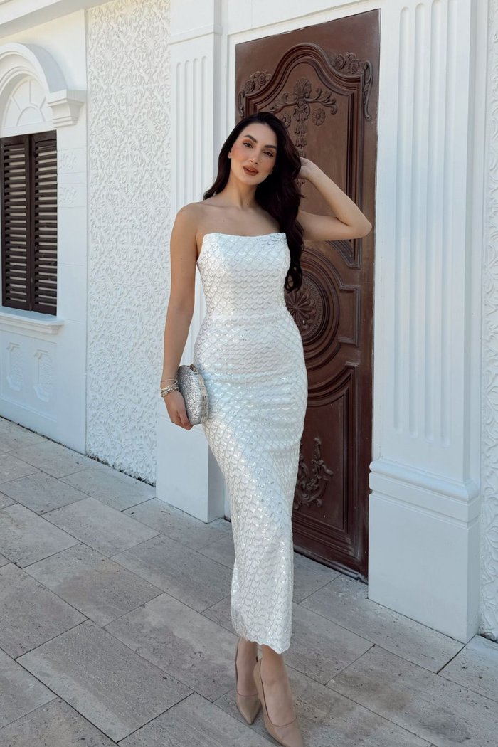 Azra Pul İşleme Straplez Midi Abiye 1134 BEYAZ