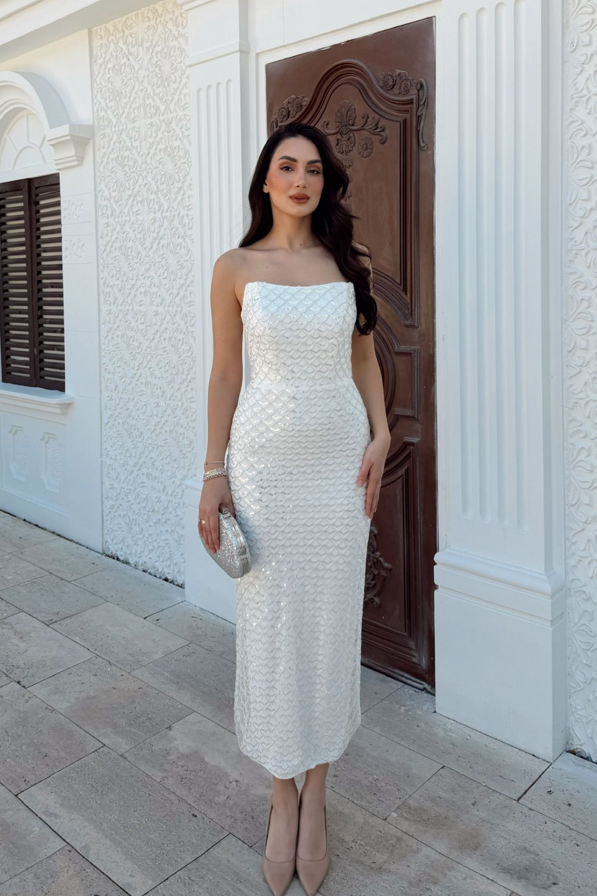 Azra Pul İşleme Straplez Midi Abiye 1134 BEYAZ