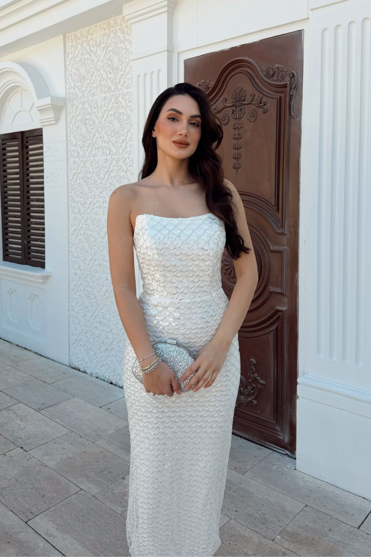 Azra Pul İşleme Straplez Midi Abiye 1134 BEYAZ