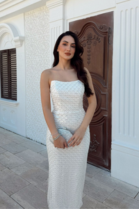 Azra Pul İşleme Straplez Midi Abiye 1134 BEYAZ
