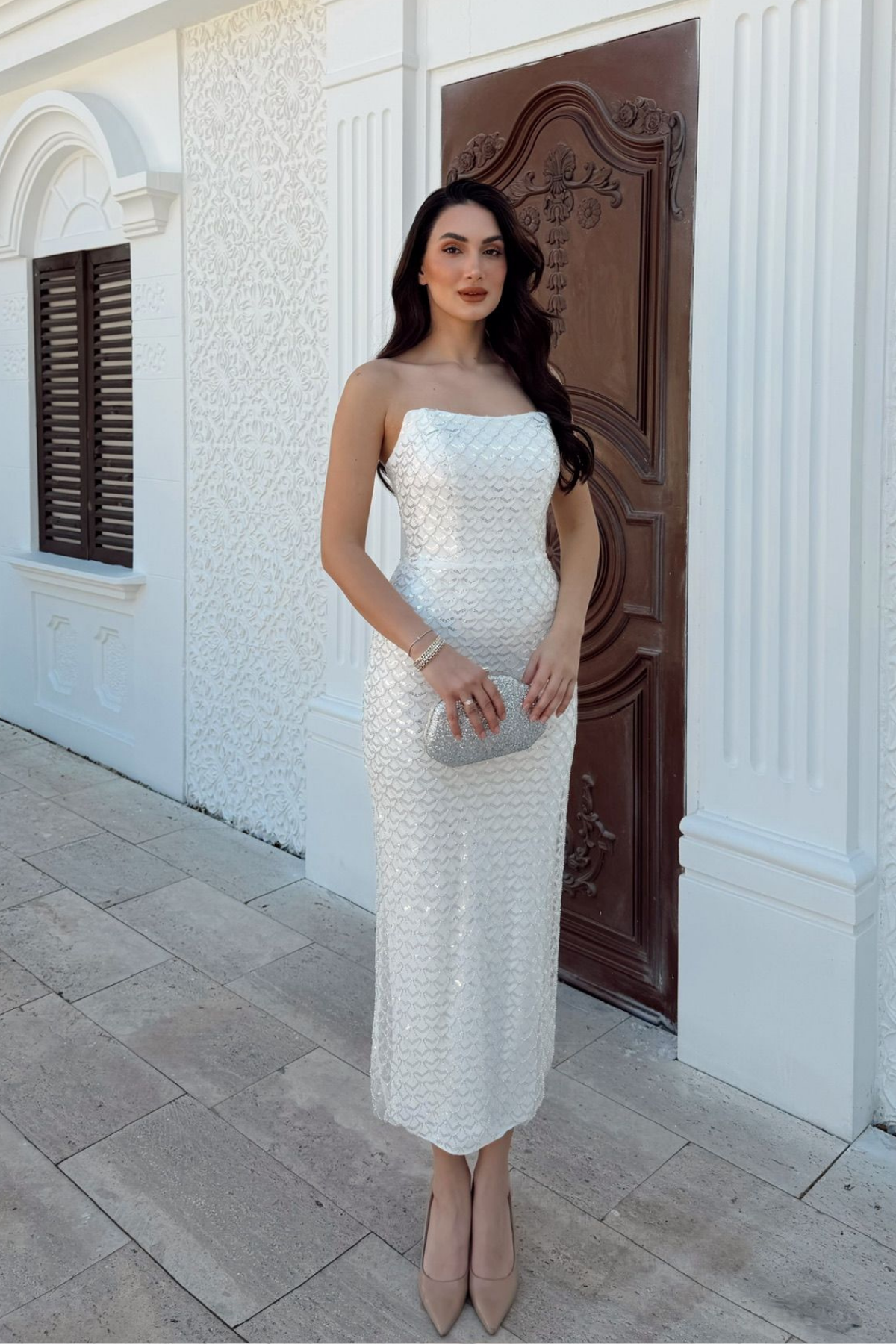 Azra Pul İşleme Straplez Midi Abiye 1134 BEYAZ