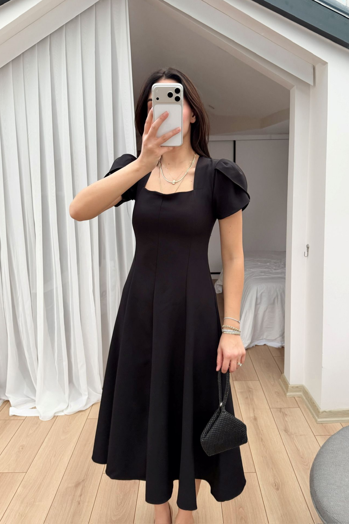 Bahar Kare Yaka Kol Pile Detay Elbise 4550 SİYAH