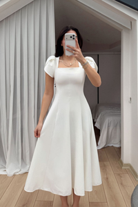 Bahar Kare Yaka Kol Pile Detay Elbise 4550 BEYAZ