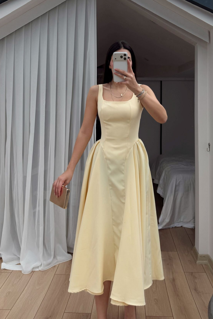 Belin Kare Yaka Sırt Dekolteli Midi Elbise 4968 SARI