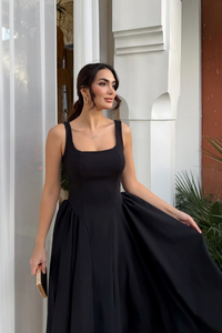 Belin Kare Yaka Sırt Dekolteli Midi Elbise 4968 SİYAH