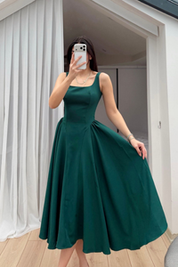 Belin Kare Yaka Sırt Dekolteli Midi Elbise 4968 ZÜMRÜT YEŞİLİ