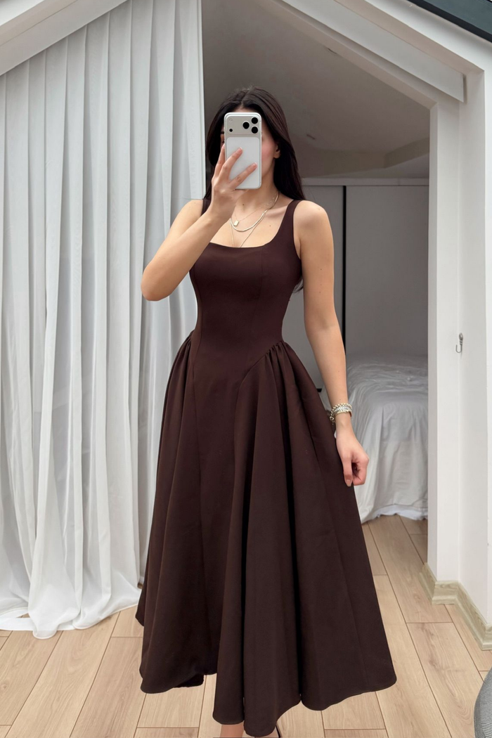 Belin Kare Yaka Sırt Dekolteli Midi Elbise 4968 ACI KAHVE