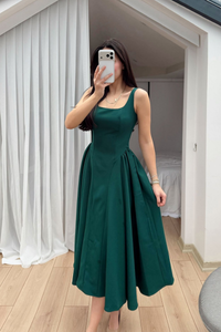Belin Kare Yaka Sırt Dekolteli Midi Elbise 4968 ZÜMRÜT YEŞİLİ