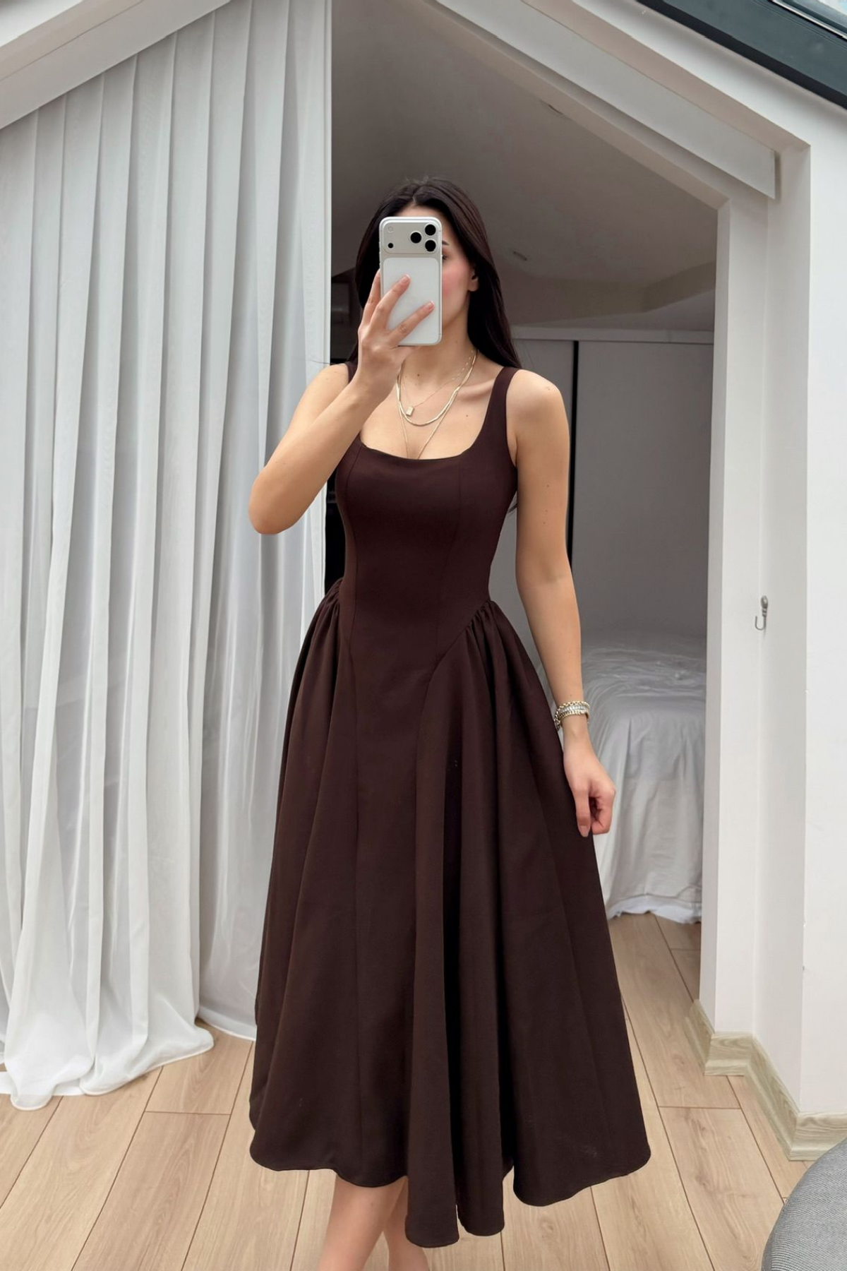 Belin Kare Yaka Sırt Dekolteli Midi Elbise 4968 ACI KAHVE