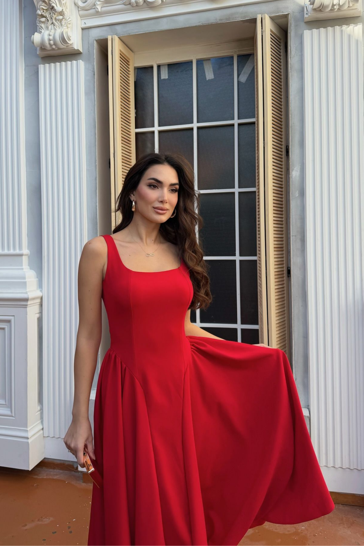 Belin Kare Yaka Sırt Dekolteli Midi Elbise 4968 KIRMIZI