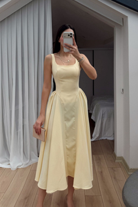 Belin Kare Yaka Sırt Dekolteli Midi Elbise 4968 SARI