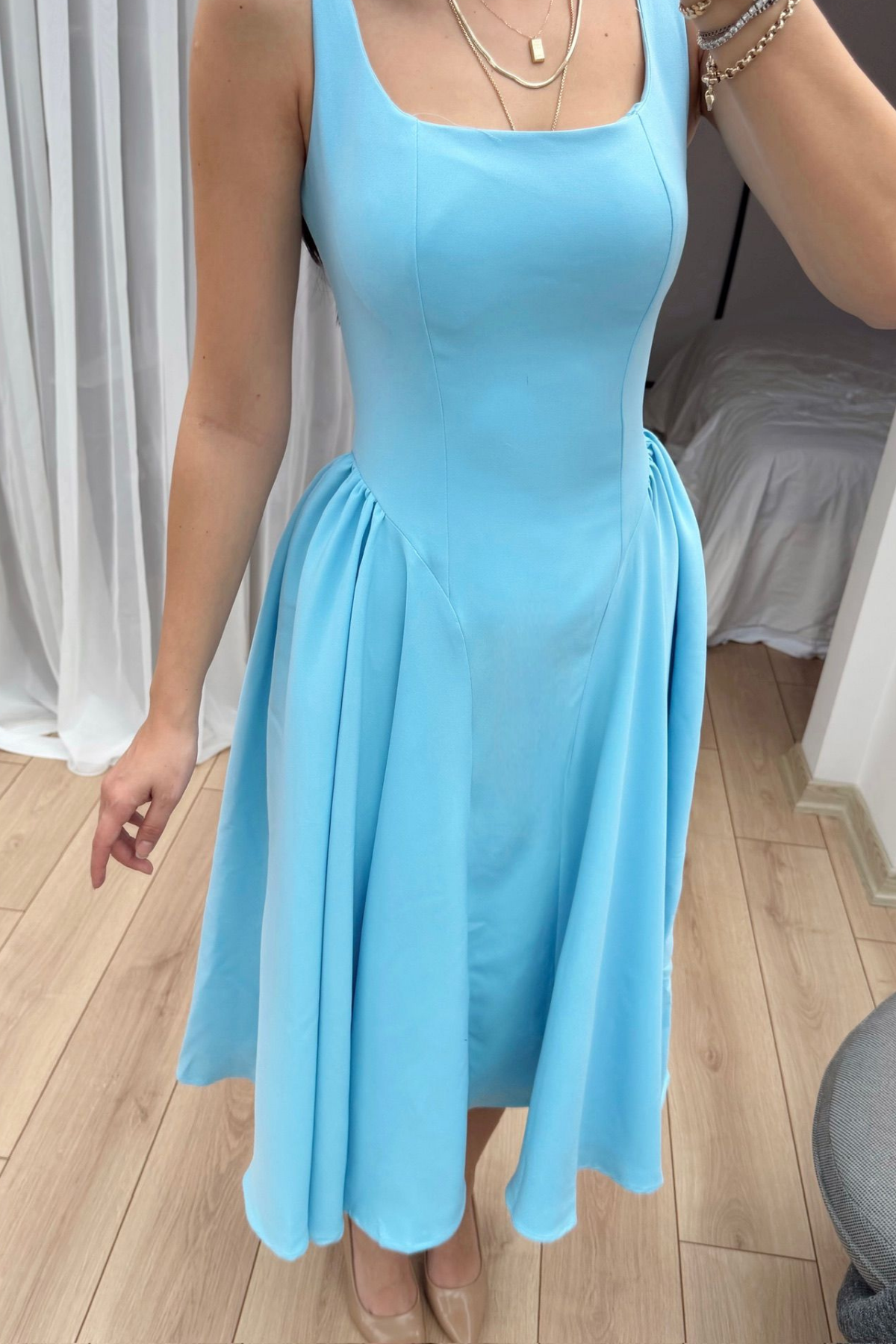 Belin Kare Yaka Sırt Dekolteli Midi Elbise 4968 BEBE MAVİSİ