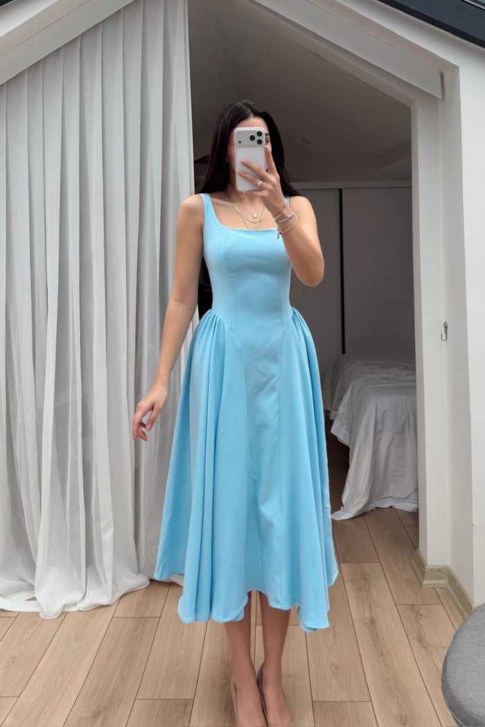 Belin Kare Yaka Sırt Dekolteli Midi Elbise 4968 BEBE MAVİSİ