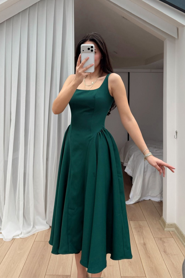 Belin Kare Yaka Sırt Dekolteli Midi Elbise 4968 ZÜMRÜT YEŞİLİ