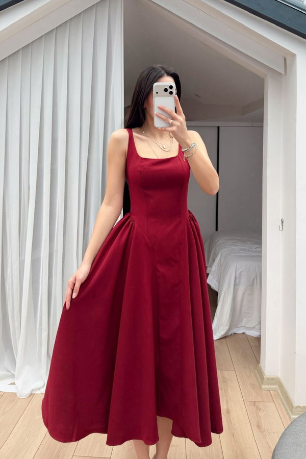 Belin Kare Yaka Sırt Dekolteli Midi Elbise 4968 BORDO