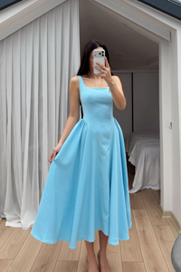 Belin Kare Yaka Sırt Dekolteli Midi Elbise 4968 BEBE MAVİSİ