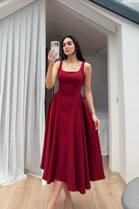 Belin Kare Yaka Sırt Dekolteli Midi Elbise 4968 BORDO