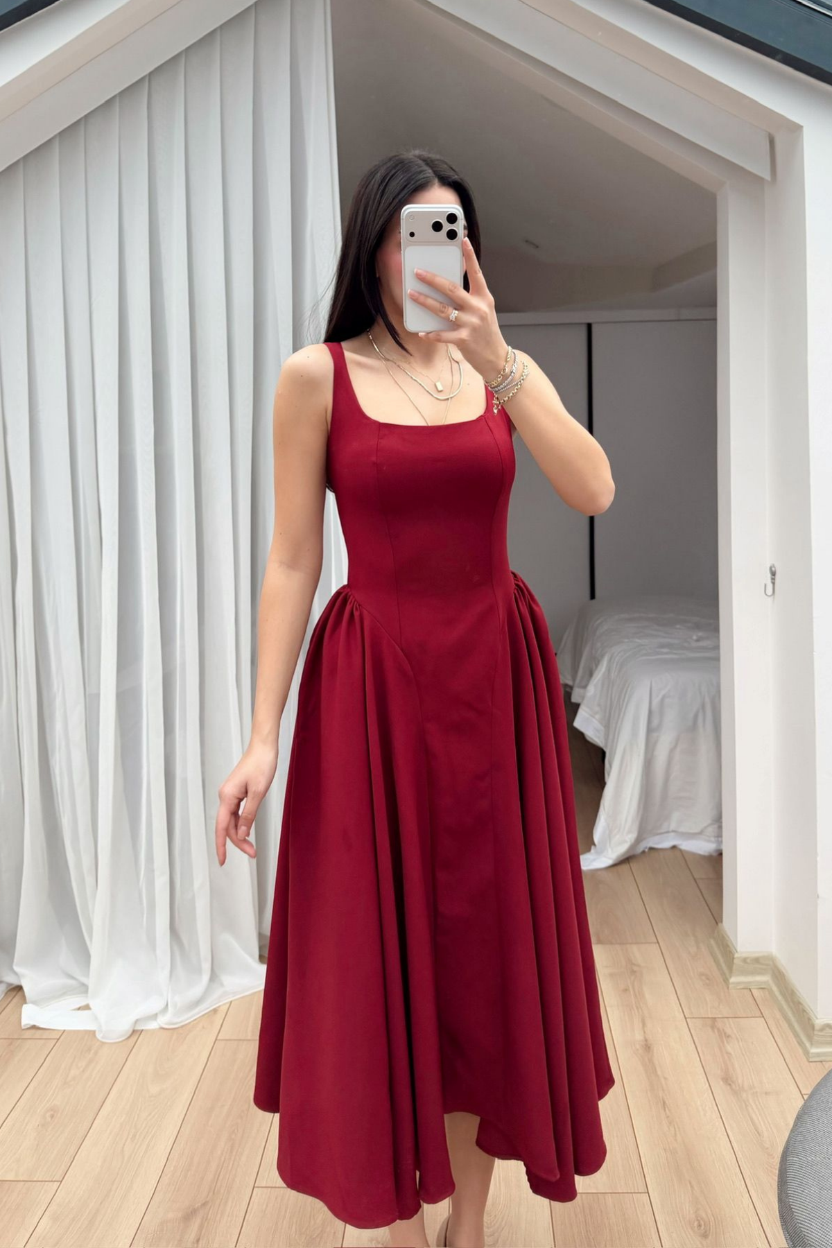 Belin Kare Yaka Sırt Dekolteli Midi Elbise 4968 BORDO