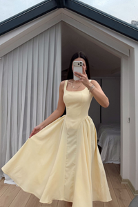 Belin Kare Yaka Sırt Dekolteli Midi Elbise 4968 SARI
