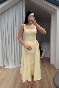 Belin Kare Yaka Sırt Dekolteli Midi Elbise 4968 SARI