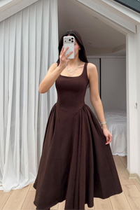Belin Kare Yaka Sırt Dekolteli Midi Elbise 4968 ACI KAHVE