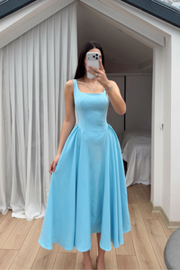 Belin Kare Yaka Sırt Dekolteli Midi Elbise 4968 BEBE MAVİSİ