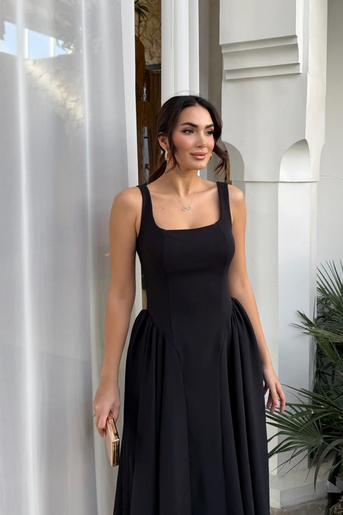 Belin Kare Yaka Sırt Dekolteli Midi Elbise 4968 SİYAH