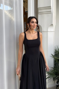 Belin Kare Yaka Sırt Dekolteli Midi Elbise 4968 SİYAH