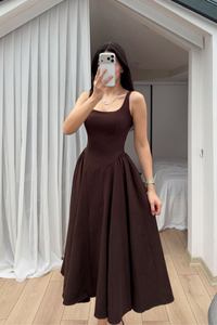 Belin Kare Yaka Sırt Dekolteli Midi Elbise 4968 ACI KAHVE