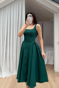 Belin Kare Yaka Sırt Dekolteli Midi Elbise 4968 ZÜMRÜT YEŞİLİ