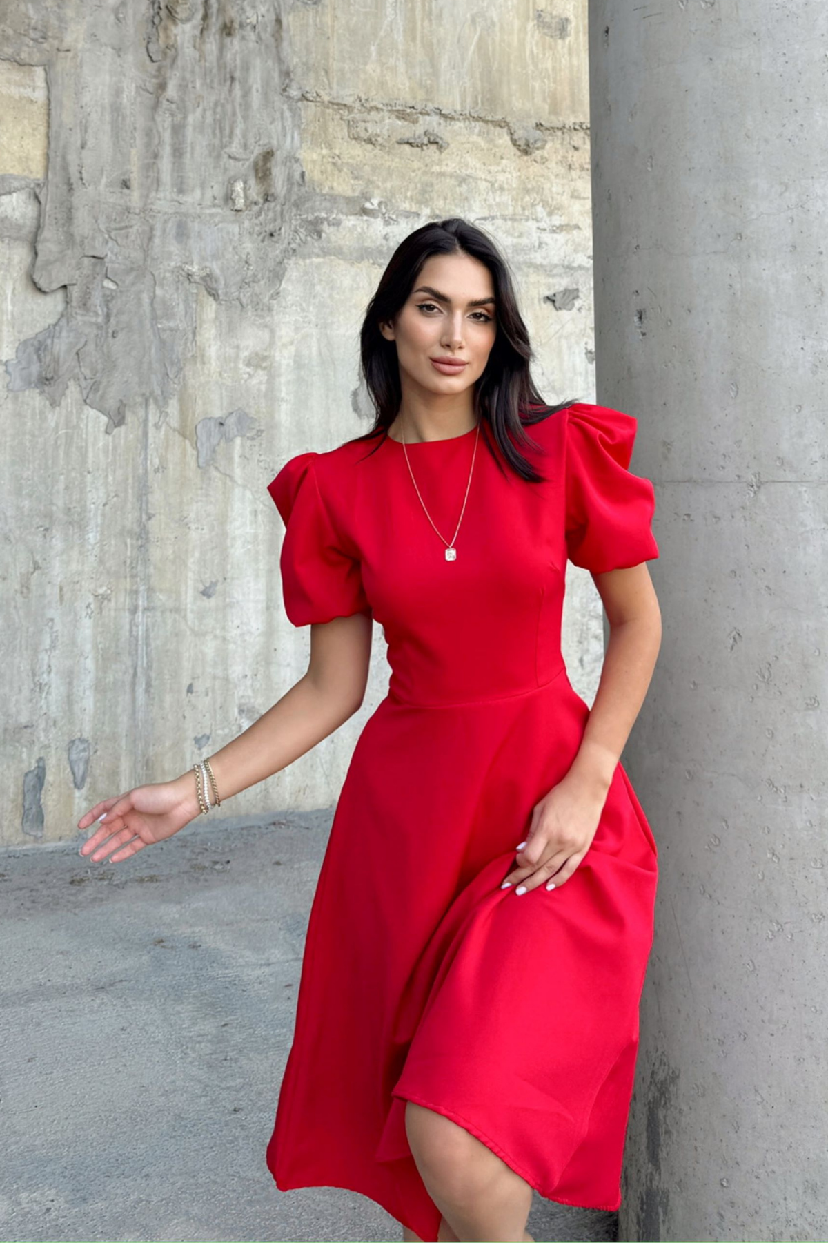 Berra Karpuz Kol Midi Elbise 2249 KIRMIZI