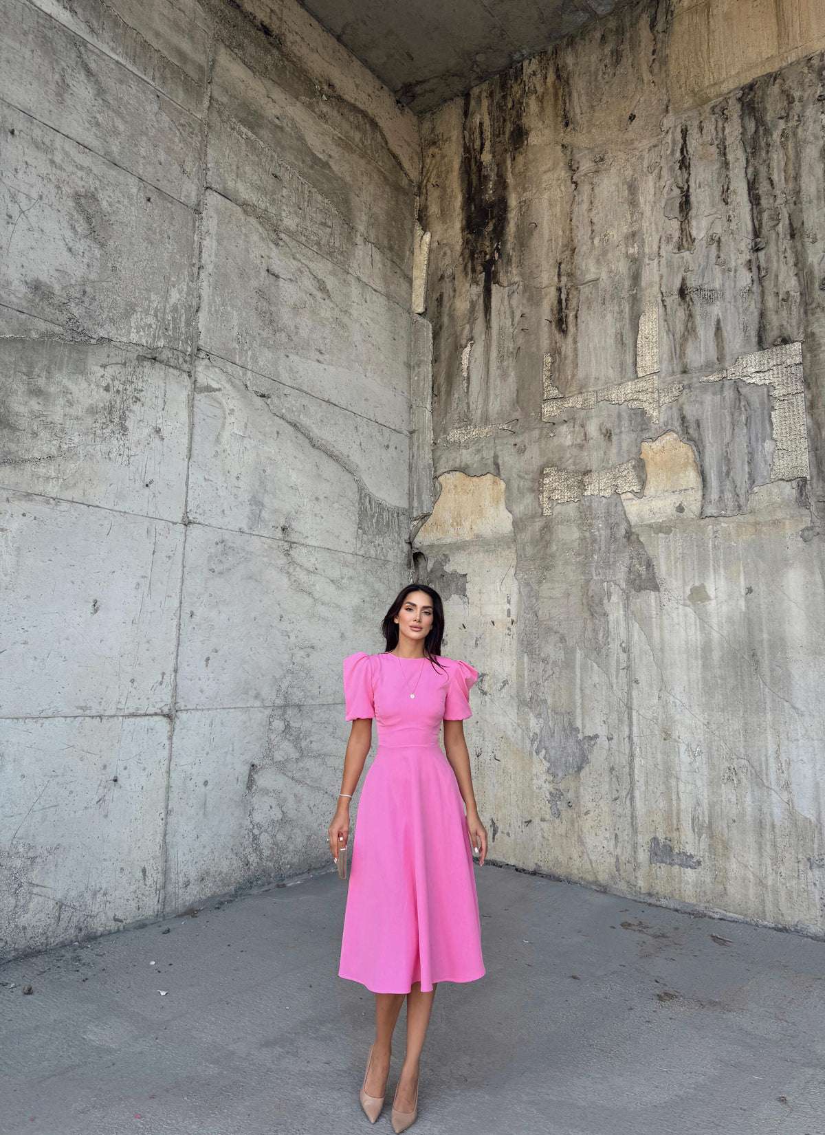 Berra Karpuz Kol Midi Elbise 2249 PEMBE