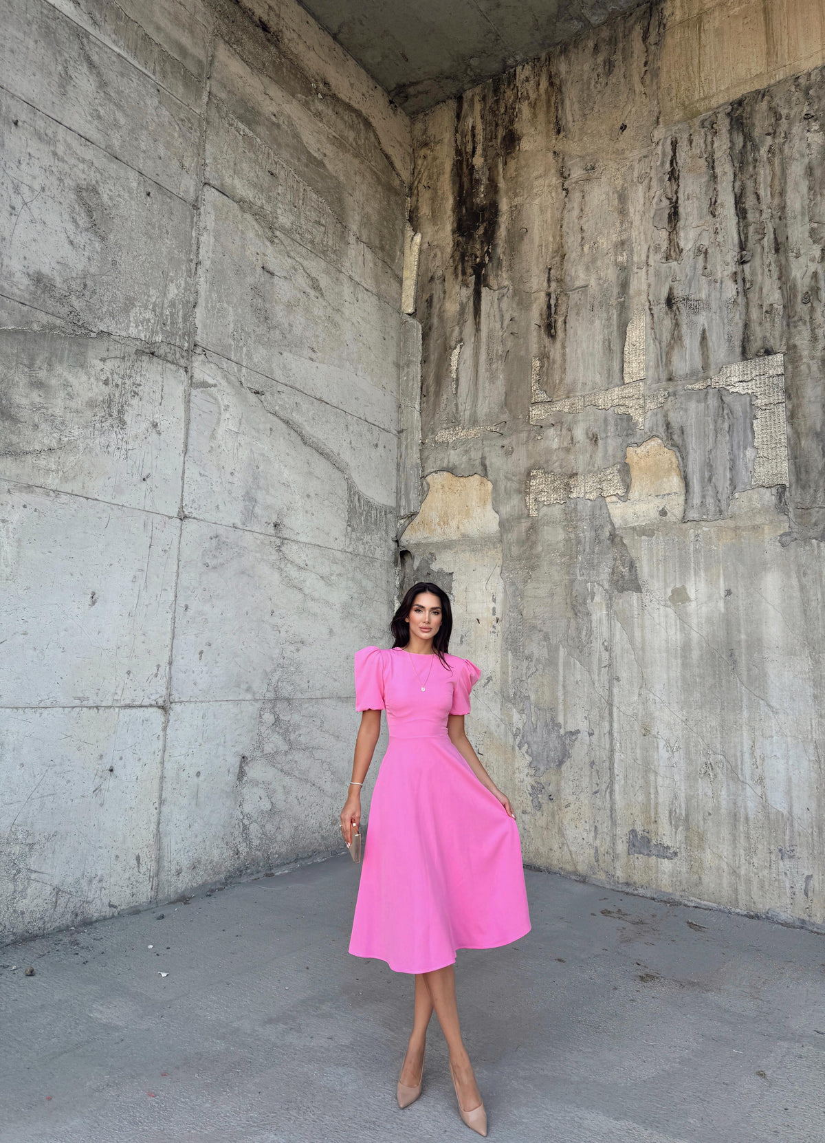 Berra Karpuz Kol Midi Elbise 2249 PEMBE
