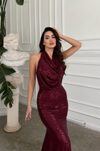 Berrak Payet İşleme Degaje Yaka Abiye 1089 BORDO