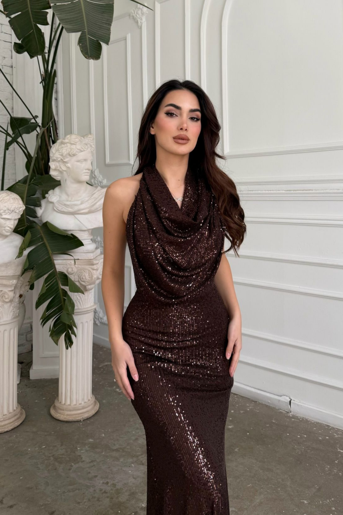 Berrak Payet İşleme Degaje Yaka Abiye 1089 ACI KAHVE