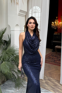 Berrak Payet İşleme Degaje Yaka Abiye 1089 LACİVERT