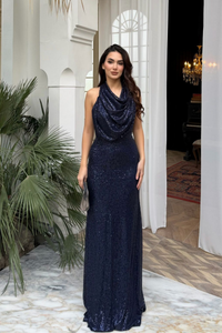 Berrak Payet İşleme Degaje Yaka Abiye 1089 LACİVERT