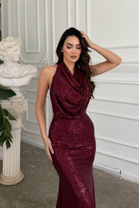 Berrak Payet İşleme Degaje Yaka Abiye 1089 BORDO