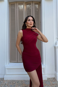 Beta Kuyruk Detay Mini Elbise 5073 BORDO