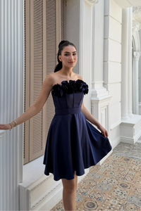 Blanca Straplez Gül Detay Mini Elbise 1101 LACİVERT