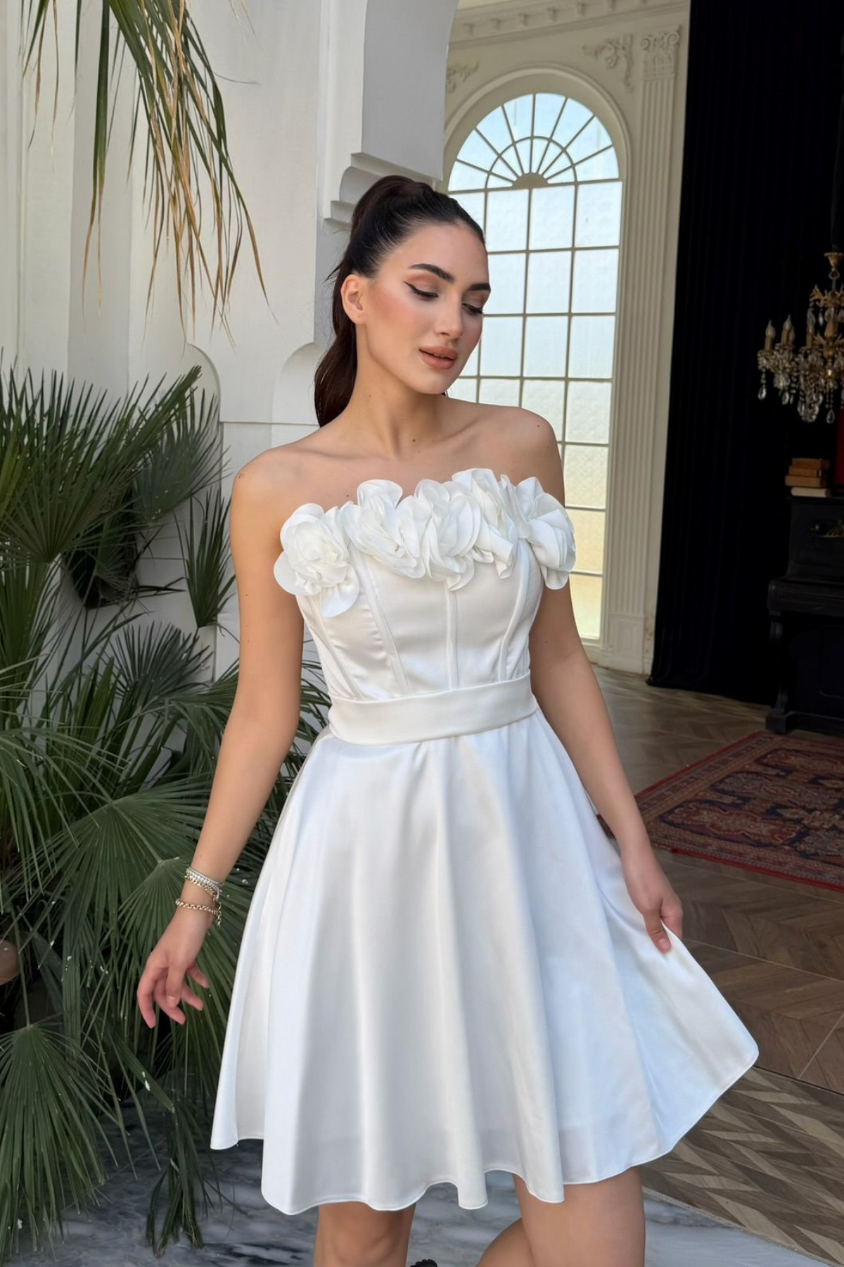 Blanca Straplez Gül Detay Mini Elbise 1101 BEYAZ