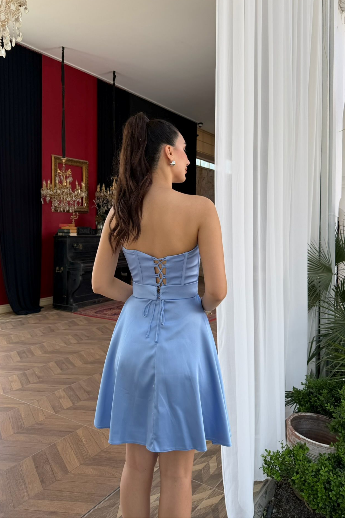 Blanca Straplez Gül Detay Mini Elbise 1101 BEBE MAVİSİ