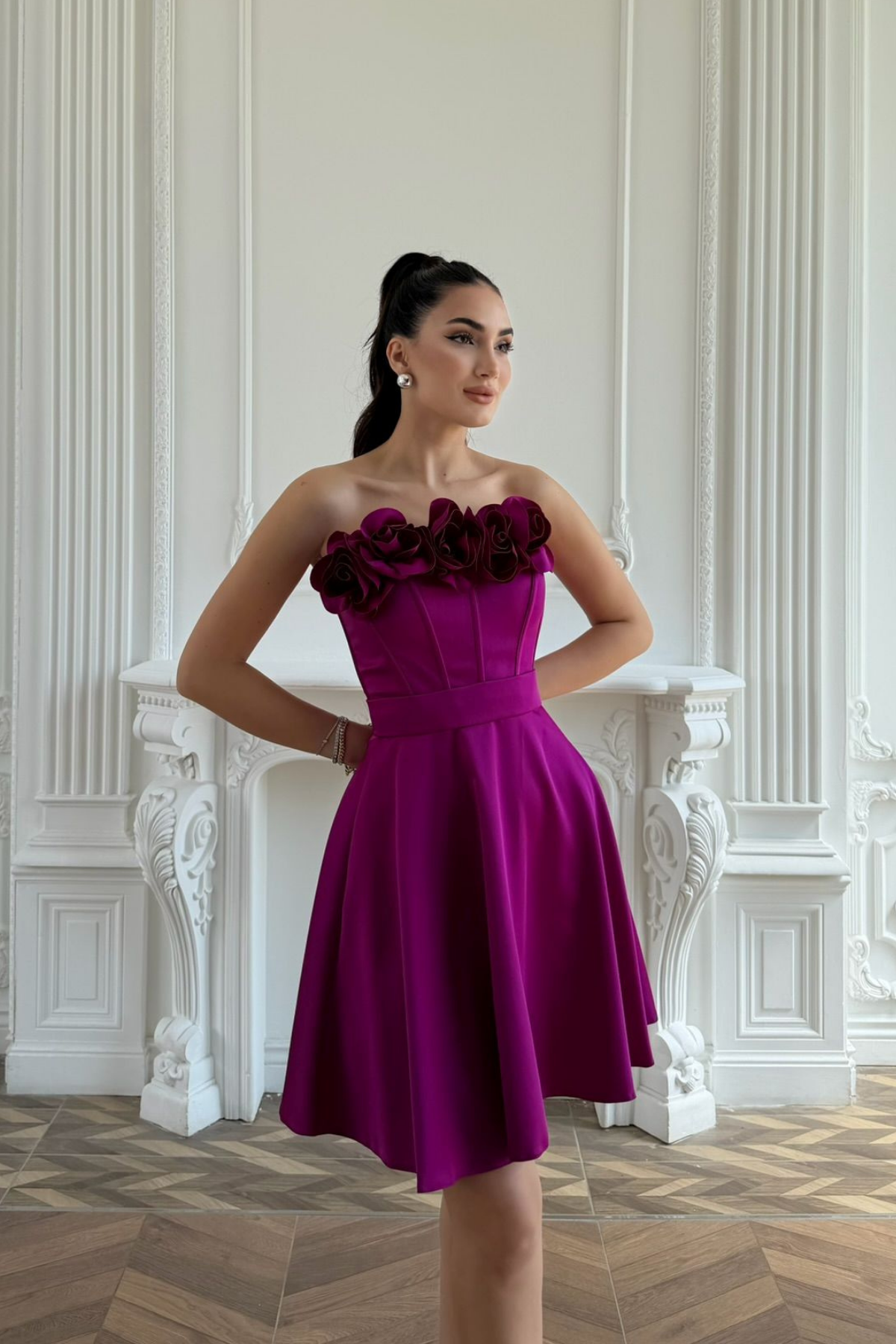 Blanca Straplez Gül Detay Mini Elbise 1101 MOR