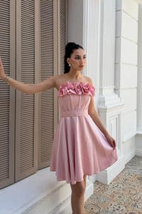Blanca Straplez Gül Detay Mini Elbise 1101 PUDRA