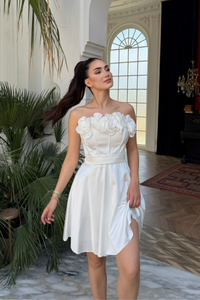 Blanca Straplez Gül Detay Mini Elbise 1101 BEYAZ