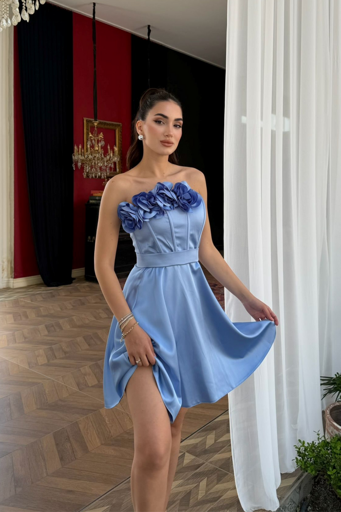Blanca Straplez Gül Detay Mini Elbise 1101 BEBE MAVİSİ