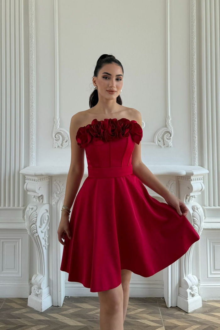 Blanca Straplez Gül Detay Mini Elbise 1101 KIRMIZI